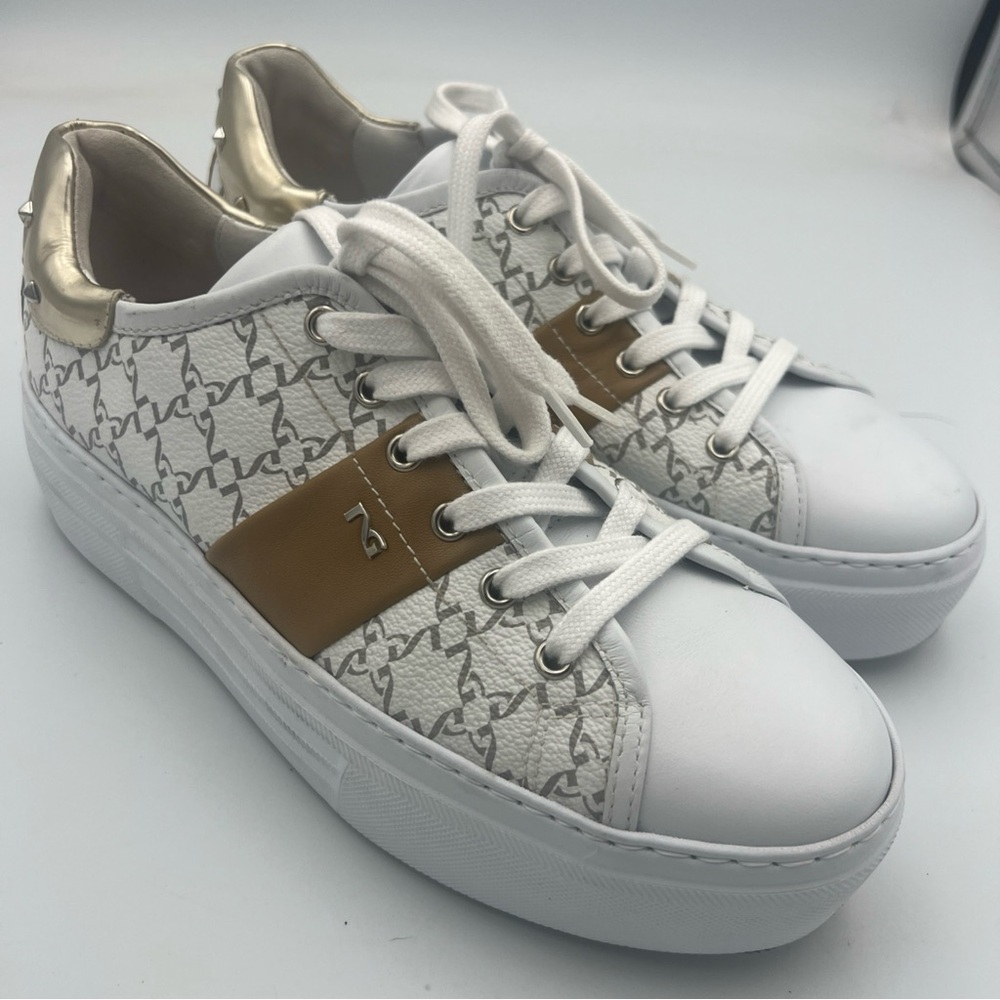 NeroGiardini Logo Print Platform Sneakers White/Caramel Leather WMNS Size EU38